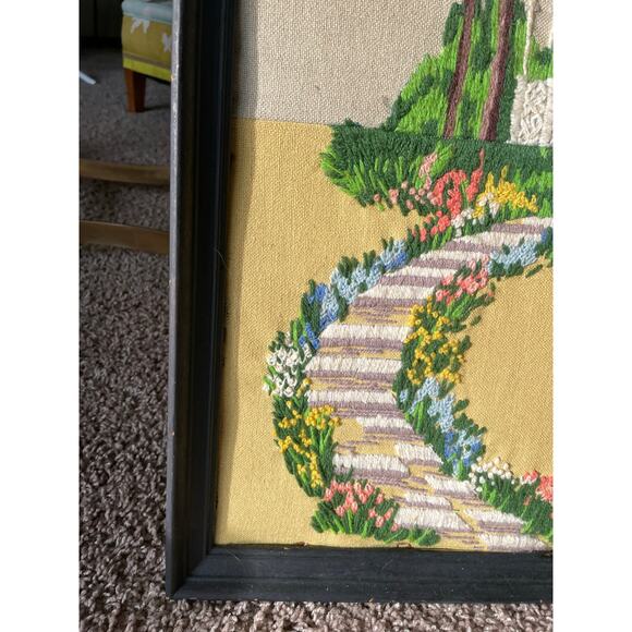 Vtg Framed Crewel Embroidery Springtime Gazebo Needlepoint Floral Grandmacore - Picture 9 of 16